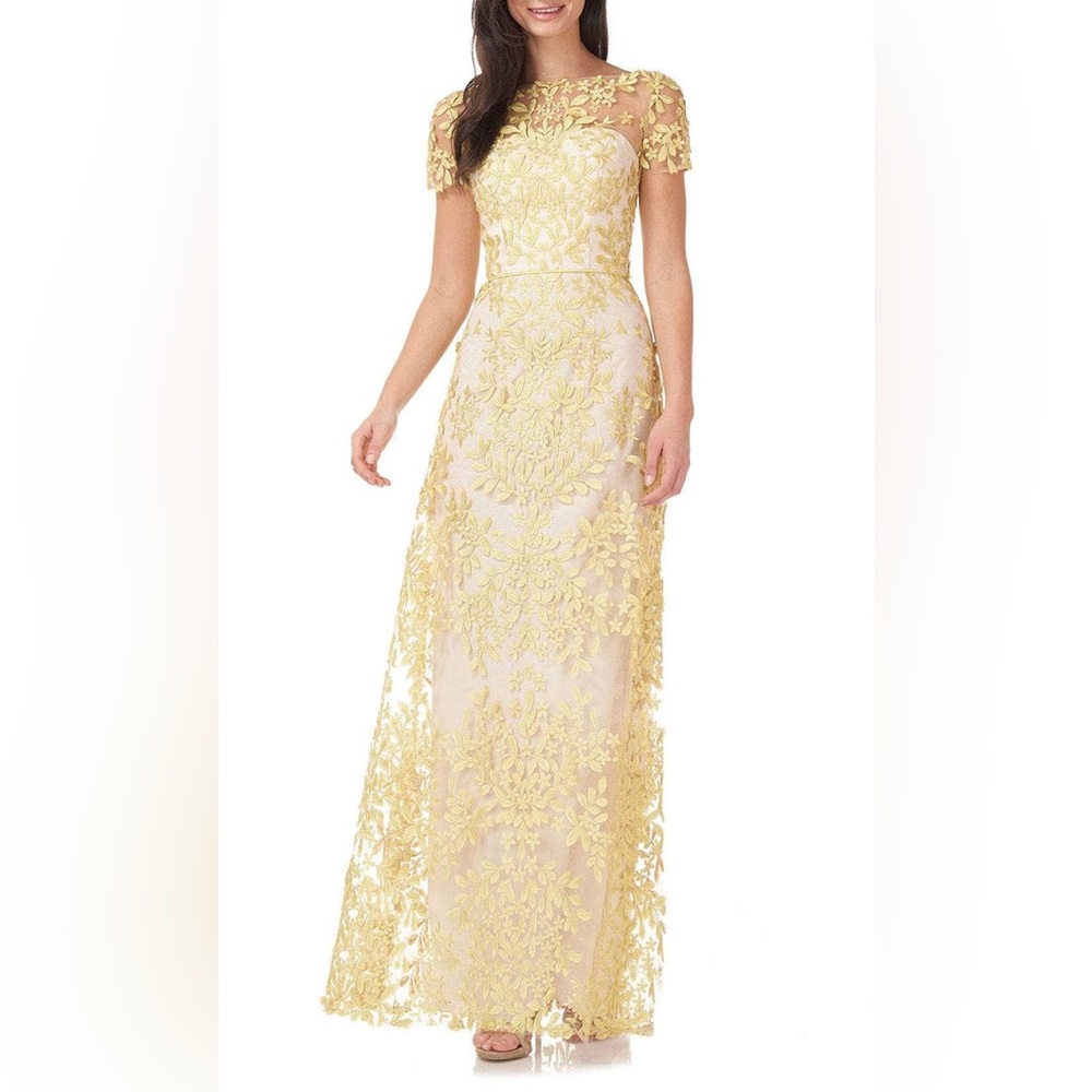 JS COLLECTIONS/ 3D Floral Lace Yellow Gown - Sz 8 - NWT